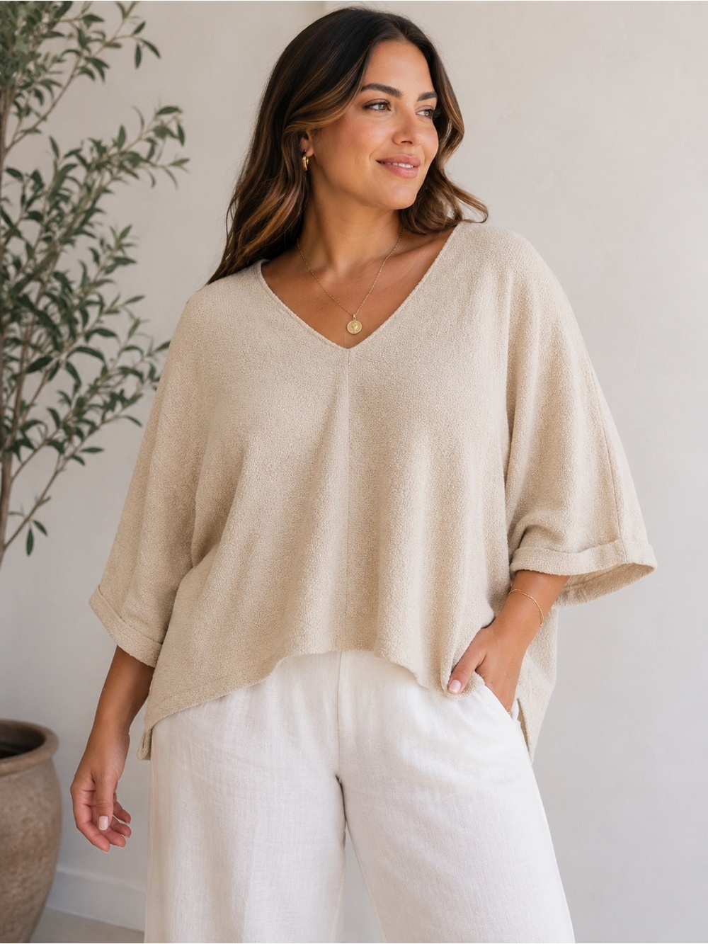 Zara Textured V-Neck Blouse Size Large Coastal Minimalist
